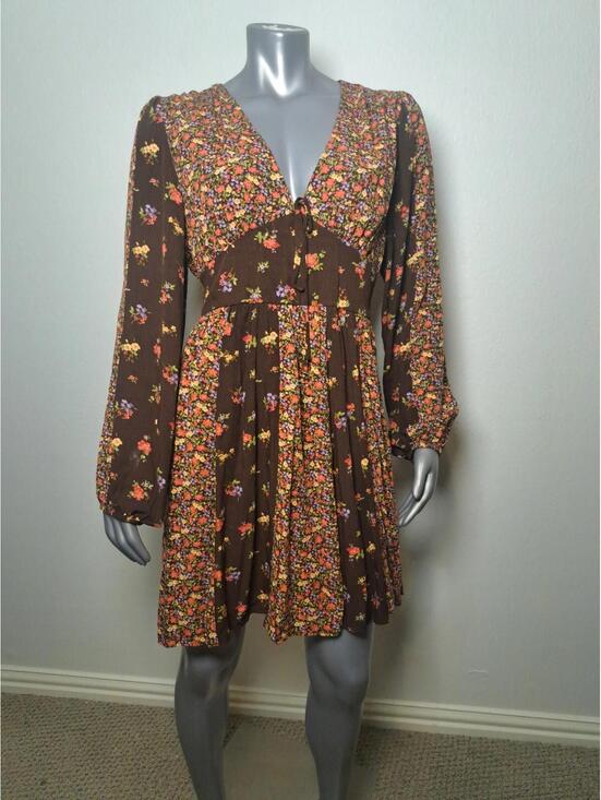 Dresses & Skirts - SO Goods For Life Brown Floral Stripe A-line Mini Sleeve Dress Empire Waist XL